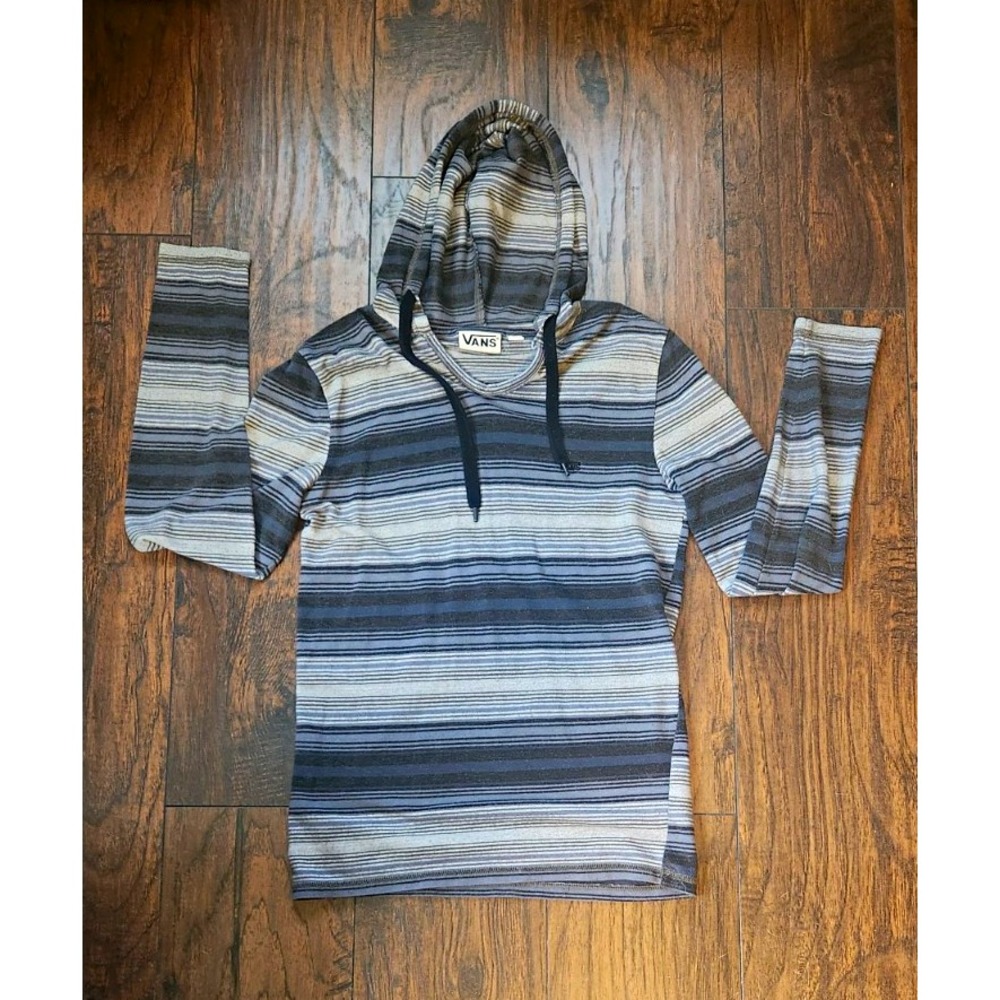 VANS Men's Striped Pullover Hoodie Logo Drawstring Gray/Black Size S